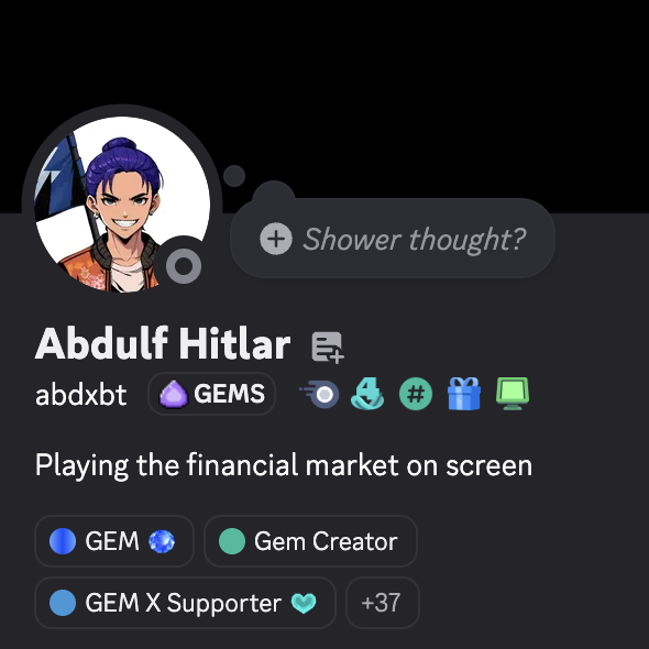 A social media profile for 'Abdul Hitlar' (abdxbt) shows a purple-haired anime avatar, the status 'Playing the financial market on screen', and badges including GEMS, GEM, and GEM X Supporter.