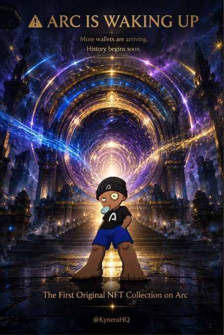 A promotional image for the Arc blockchain's first original NFT collection by @KyneraHQ, featuring a stylized cartoon character standing before a cosmic, portal-like gateway with the headline "ARC IS WAKING UP" and the message "More wallets are arriving. History begins soon." The imagery visually echoes the post's narrative of Arc emerging as a live, awakening ecosystem—with the portal symbolizing the bridge activity and new users flowing into the network ahead of a historic NFT launch.