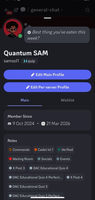 A screenshot of a cell phone displaying information about a member who was recently down for one week. This member earned the Commando role in the @dac_chain Discord server, which serves as the first step toward obtaining the other two incentivized roles (Seal and Shadow Unit Roles). The post mentions that the testnet has been experiencing some issues, possibly affecting the functioning of certain aspects of the Discord server or its users' ability to gain rewards.