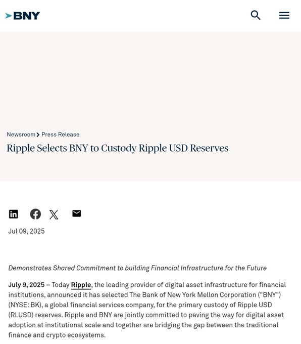 A BNY press release webpage titled 'Ripple Selects BNY to Custody Ripple USD Reserves,' dated July 9, 2025, announcing the partnership between Ripple and BNY for RLUSD custody.