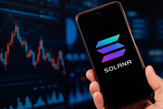 A smartphone displays the Solana (SOL) logo against a backdrop of financial trading charts. The image visually reinforces the post's announcement about Solana's network optimization, as the logo represents the blockchain platform actively reducing its slot time to enhance transaction speeds.