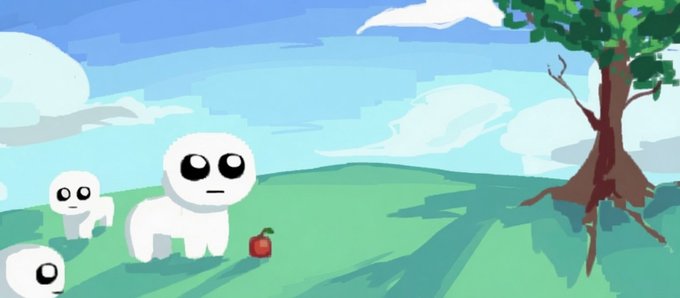 A simple digital illustration of three white cartoon creatures with black eyes standing in a grassy field under a blue sky, with a small red apple on the ground near a tree.