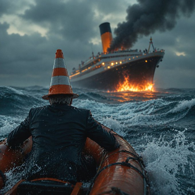 The caption should describe the visual elements concisely. Here's a caption based on the image:

"A figure in a black coat and orange traffic cone hat sits in a lifeboat watching a large ocean liner burn and sink into stormy seas."

Note: The image doesn't visually represent the post's content about virality, wallets, or the "cub" - it appears to be an unrelated, dramatic maritime scene used metaphorically to evoke the sense of "dying here" mentioned in the post.