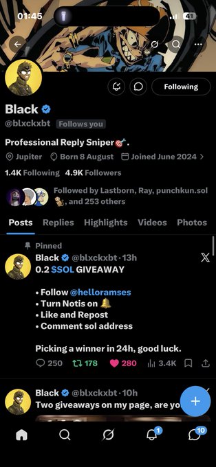 A screenshot of a Twitter/X profile for user 'Black' (@blxckxxbt), showing a pinned tweet about a '0.2 $SOL GIVEAWAY' with instructions to follow, turn on notifications, like, repost, and comment.