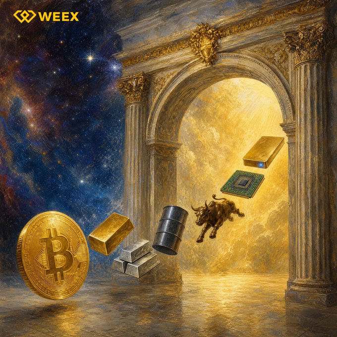 A promotional image for WEEX cryptocurrency exchange displays various commodities like a Bitcoin coin, gold bars, silver bars, oil barrels, and a bull charging through a golden classical archway against a starry space background.