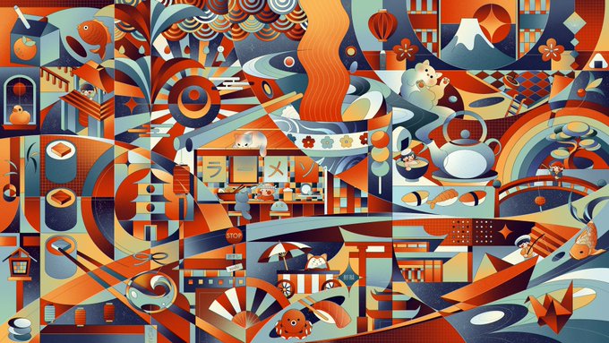 A vibrant, collage-style digital artwork composed of various Japanese-themed elements including Mount Fuji, sushi, a teapot, koi fish, and a torii gate in shades of orange, blue, and teal.