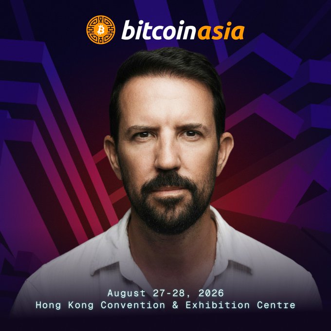 A promotional graphic for 'bitcoin asia' featuring a man with a beard in a white shirt against a purple and pink geometric background, with text 'August 27-28, 2026' and 'Hong Kong Convention & Exhibition Centre'.