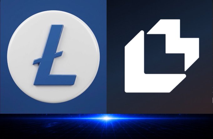 The Litecoin (L) cryptocurrency logo is displayed on the left, paired with a stylized white 'L' logo on the right, both set against a dark blue background with a glowing grid.