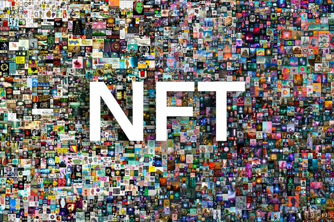 A collage of many small digital art images with the letters 'NFT' displayed prominently in large white text in the center.