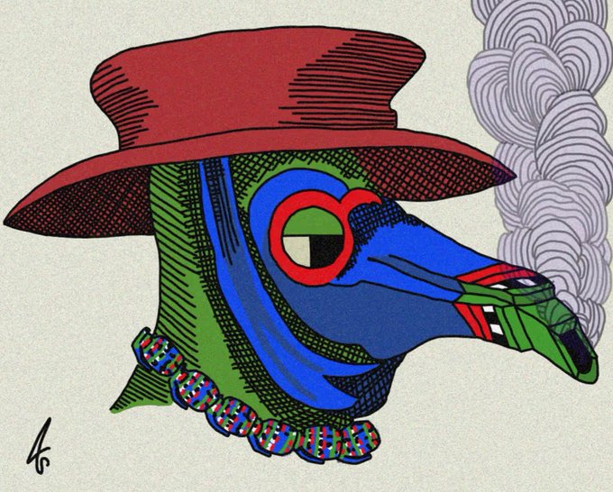 A stylized, colorful illustration features a blue and green bird-like creature's head wearing a red hat and beaded necklace, smoking a cigar, with smoke billowing in the background.