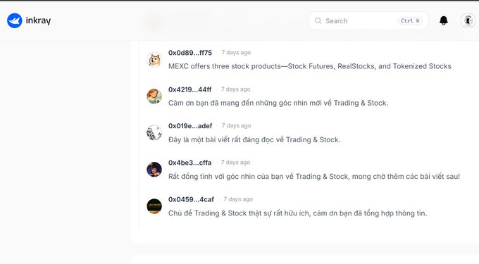 A screenshot of the 'inkray' platform shows a comment section with user reviews in English and Vietnamese praising a 'Trading & Stock' article, including comments from users 0xd89...f175 and 0x4219...44ff.
