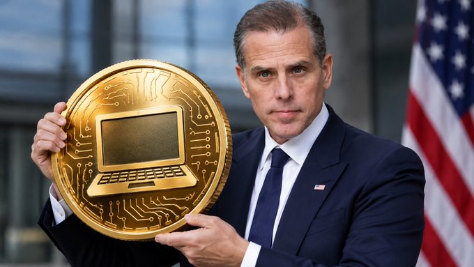 Hunter Biden in a navy suit holds up a large golden cryptocurrency coin featuring a laptop design, with an American flag in the background.