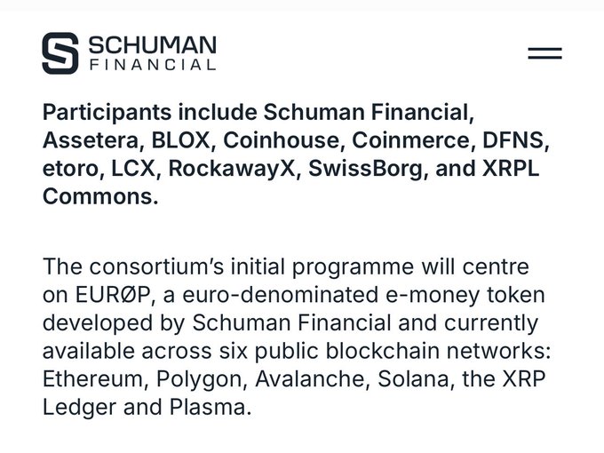 A news snippet about Schuman Financial announcing a consortium including Assetera, BLOX, Coinhouse, Coinmerce, DFNS, etoro, LCX, RockawayX, SwissBorg, and XRPL Commons, with an initial program centered on the EURØP token.