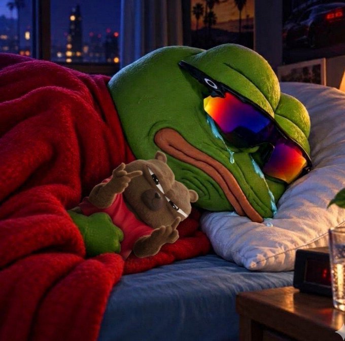 A tearful green Pepe the Frog wearing reflective sunglasses clutches a sad teddy bear while lying in bed under a red blanket, with the tags "@wickedoneth" and "@bobocouncil" suggesting this is a promotional ad urging viewers to make a purchase before regretting it. The melancholic imagery of a crying meme character evokes an emotional "FOMO" (fear of missing out) tactic to pressure potential buyers.