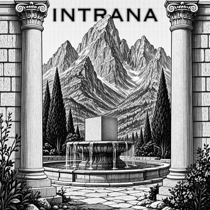 A black and white pixel art illustration featuring the word 'INTRANA' at the top, with a central scene of a fountain holding a cube, flanked by classical columns and set against a backdrop of towering mountains and cypress trees.