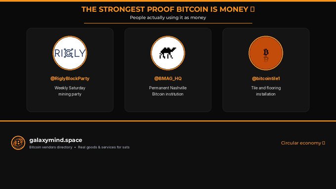A screenshot of the 'galaxymind.space' Bitcoin vendors directory titled 'THE STRONGEST PROOF BITCOIN IS MONEY,' listing three vendors: @RiglyBlockParty, @tMAG_HQ, and @bitcointile1.