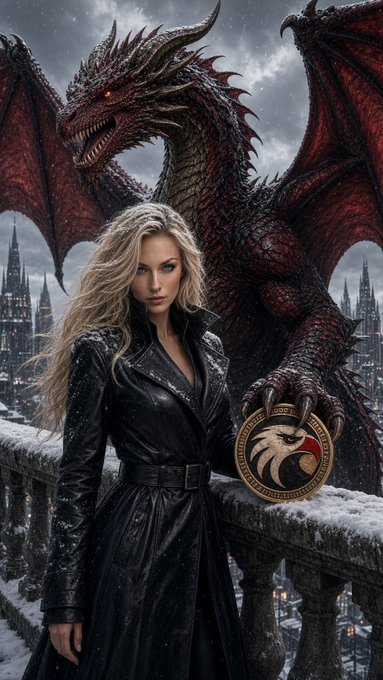 A fantasy digital artwork depicting a blonde woman in a black leather trench coat holding a dragon medallion, with a large menacing red dragon behind her against a nighttime cityscape.