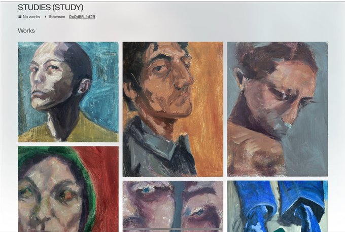 A digital gallery page titled 'STUDIES (STUDY)' displays five oil painting portraits and figure studies, with the Ethereum address '0x0d55...bf29' visible.