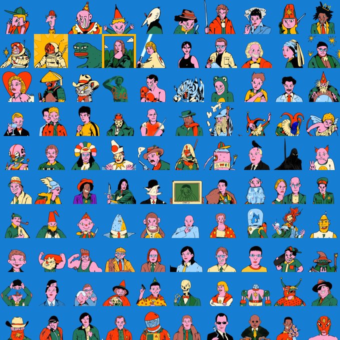 A large grid illustration featuring numerous cartoon-style portraits and characters against a bright blue background, showcasing a diverse cast of quirky figures.