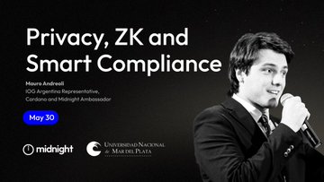 The image features a man wearing a suit standing next to a microphone, with a banner above him that says "Privacy, ZK and Smart Compliance" written in white text against a black background. The banner also includes the names of some speakers at an event taking place on May 30th.