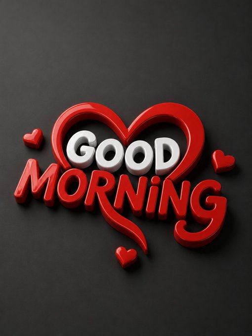 A 3D graphic reading 'Good Morning' with 'Good' in white text inside a red heart and 'Morning' in red below, set against a black background with small red hearts.