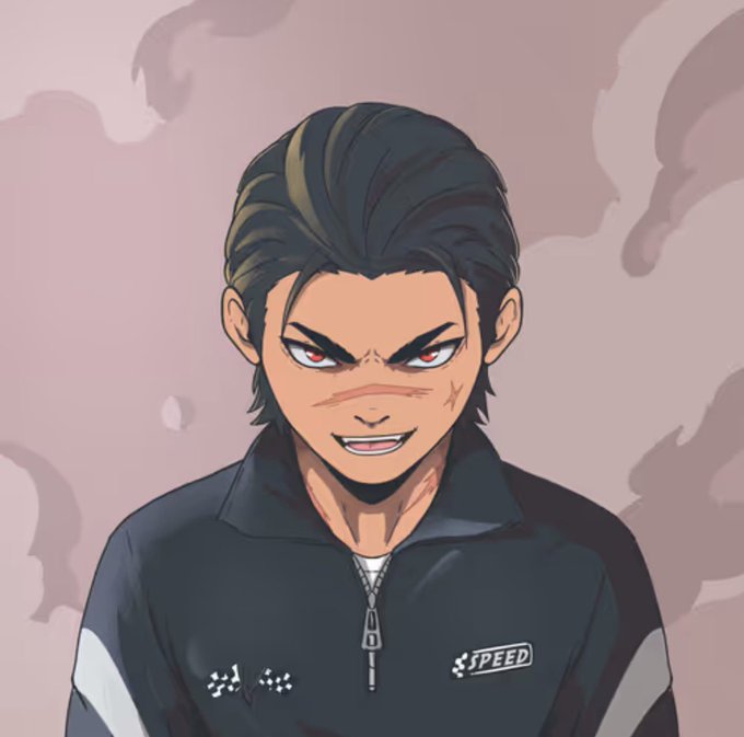 A stylized digital portrait of an anime-style character with dark spiky hair, red eyes, a small scar on the cheek, and a smirk, wearing a dark blue zip-up jacket with "SPEED" and checkered flag logos.