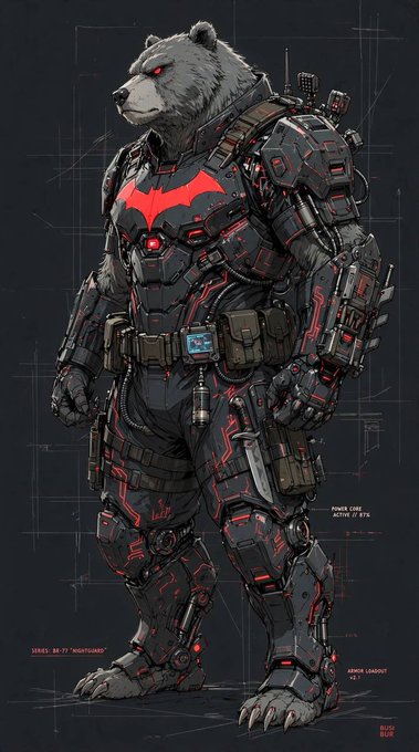 A bear in futuristic tactical armor featuring a red bat-like emblem, covered in technical labels including "POWER CORE," "ACTV // BTN," "SERIES: BA-77 'NIGHTSHADE'," and "ARMOR LOADOUT V2.1." The armored combat bear visually mirrors the post's theme of preparing for a new, high-intensity phase requiring upgraded strategy and execution following recent setbacks.