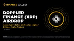 The image is a Binance Wallet promotional graphic announcing the "Doppler Finance (XDP) Airdrop" for eligible Binance Alpha Traders, featuring a silver coin emblem with a yellow ring on a black background. This visually supports the post confirming that $XDP is now live on Binance Alpha.