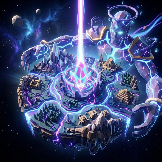 The image features a large, colorful planet with various structures such as buildings, mountains, and trees. A large, glowing crystal is located at the center of this planet, surrounded by a bright blue aura that illuminates the scene. The caption for the image reads "Minting tomorrow !" which suggests that the planet will be ready to launch soon. The post also mentions that the planet's ecosystem will expand in the coming days and that there is an opportunity to earn GTD: 1 hour FCFS by applying to dioramas.xyz, with a maximum of 1 hour per application.