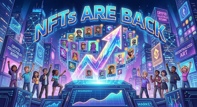 A vibrant digital illustration depicts a roaring NFT market revival, with the bold headline "NFTS ARE BACK" arching over a glowing upward arrow surrounded by diverse character NFTs, while excited crowds cheer in a cyberpunk cityscape featuring billboards reading "CRYPTO COLLECTIBLES RISING" and "DECENTRALIZED ART," complemented by charts labeled "RESURGENCE" and "MARKET" at the base. The image visually amplifies the post's message of explosive NFT market growth, symbolizing Ethereum-powered digital collectibles making a triumphant comeback with surging liquidity and renewed collector enthusiasm.