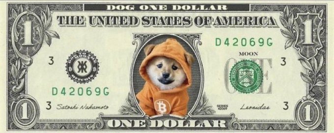 This image is a modified one-dollar bill featuring the "DOG" meme and "D42069G MOON" text, with the accompanying post "$DOG target is simple." clearly relating to the cryptocurrency Dogecoin's price ambitions.