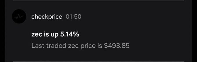 A Discord message from the 'checkprice' bot stating 'zec is up 5.14%' with the last traded zec price at $493.85.