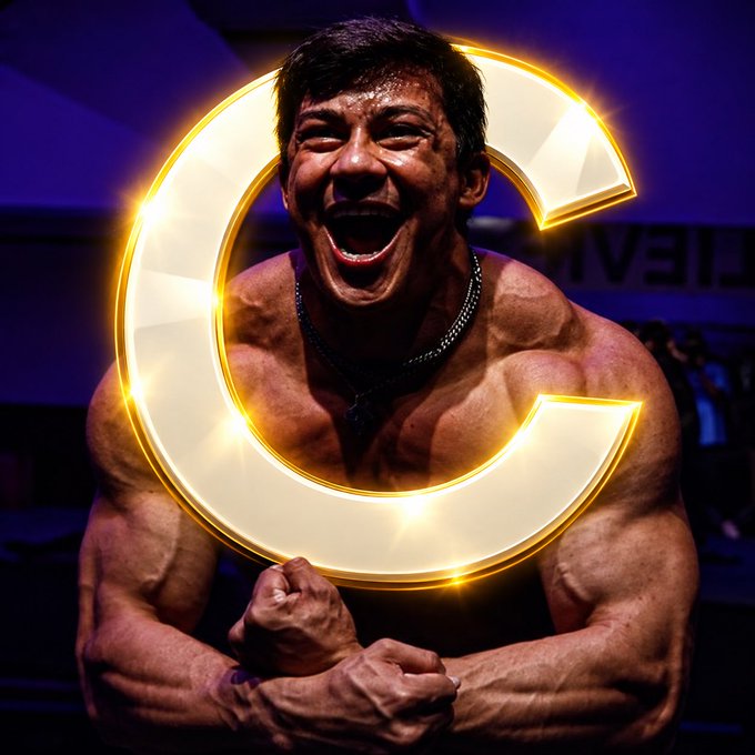 A muscular man yelling in excitement with a large glowing golden 'C' graphic overlaid in front of him.