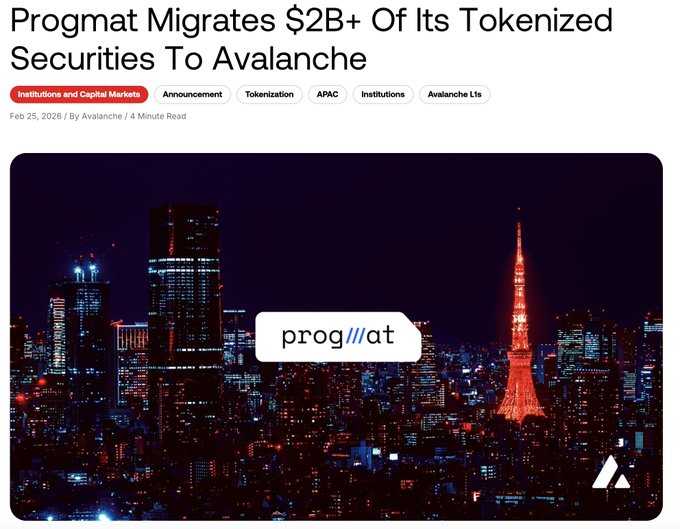 The image shows a city skyline at night with a tall tower that has been photoshopped into the center of the frame. The text above the photo reads "Progmat migrates $2B+ Of Its Tokened Securities To Avalanche". This suggests that Progmat is migrating its assets from Corda to Avalanche, possibly as part of a larger strategy or project.