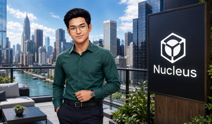 A man in a green shirt and glasses standing on a rooftop terrace with a city skyline in the background, next to a sign displaying the 'Nucleus' logo.