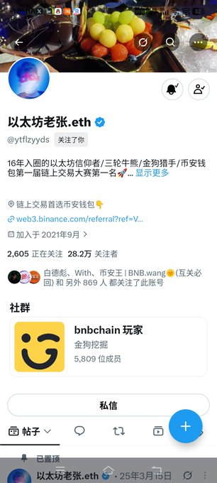 A social media profile for '以太坊老张.eth' (@ytflzyyds) with a follower count of 28.2万, describing themselves as a 16-year crypto veteran and BNB chain player, with a community group called 'bnbchain 玩家' having 5,809 members.
