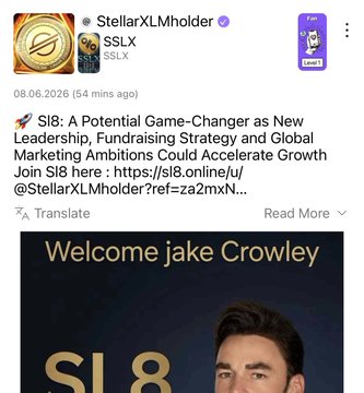 A social media post from StellarXLMholder promoting $SLX with the headline "SI8: A Potential Game-Changer as New Leadership, Fundraising Strategy and Global Marketing Ambitions Could Accelerate Growth" and a "Welcome Jake Crowley" graphic.