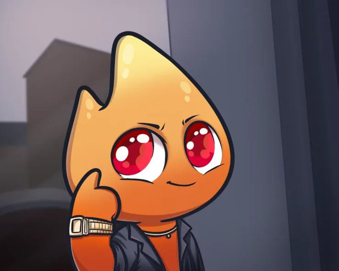 An anthropomorphic orange drop-shaped character with large red eyes, wearing a dark jacket and wristband, giving a thumbs-up gesture.