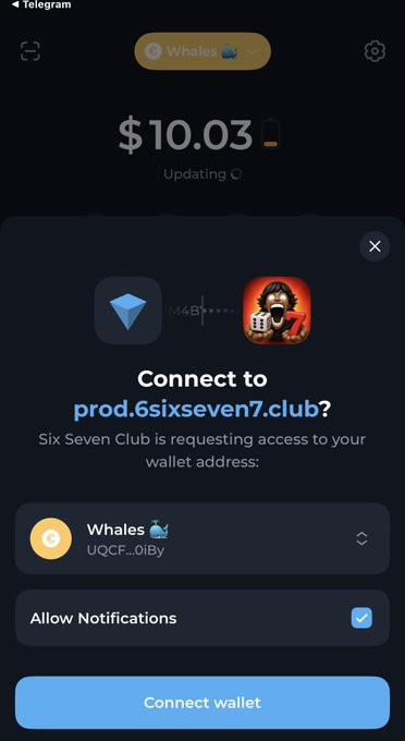 A screenshot of a Telegram wallet interface showing a balance of $10.03, with a prompt to 'Connect to prod.6sixseven7.club' featuring a wild boar mascot icon.
