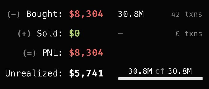 A crypto portfolio tracker screen on a dark background showing 'Bought: $8,304' with '30.8M' tokens across '42 txns', 'Sold: $0', 'PNL: $8,304', and 'Unrealized: $5,741'.