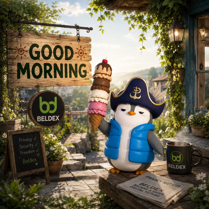 A cheerful cartoon penguin wearing a pirate hat and blue vest holds a tall ice cream cone next to a 'GOOD MORNING' wooden sign, a Beldex-branded sign and coffee mug, and a chalkboard listing 'Privacy, Security, Freedom' with the Beldex logo, alongside a newspaper titled 'PRIVACY MATTERS - BELDEX Building a Safer Digital Future'.