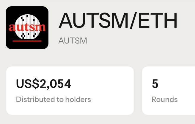 A screenshot showing AUTSM/ETH trading pair statistics with US$2,054 distributed to holders across 5 rounds, featuring the AUTSM logo with a disco ball design.