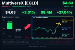 A crypto price chart for MultiversX (EGLD) shows the token trading at $4.63 with a 3.31% gain, while the accompanying post reports an updated price of $5.19 (+8.71%) and increased 24h volume of $16.8M, highlighting key support at $4.74 and resistance at $5.41.