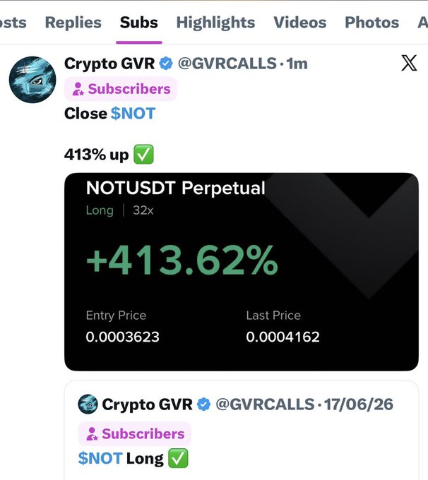 A Twitter post from verified account "Crypto GVR" (@GVRCALLS) shows a NOTUSDT Perpetual long trade that is up 413.62% with a 32x leverage, featuring an entry price of 0.0003623 and a last price of 0.0004162, directly showcasing the winning $NOT trade highlighted in the accompanying caption.