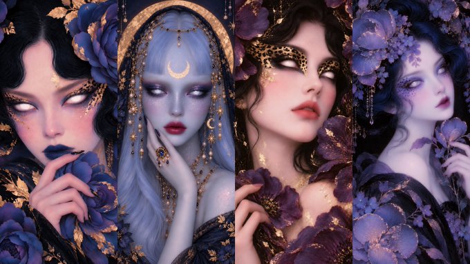 An artistic digital illustration featuring four women with ethereal makeup, blank white eyes, and ornate floral and gold leaf adornments in dark blue and purple tones.