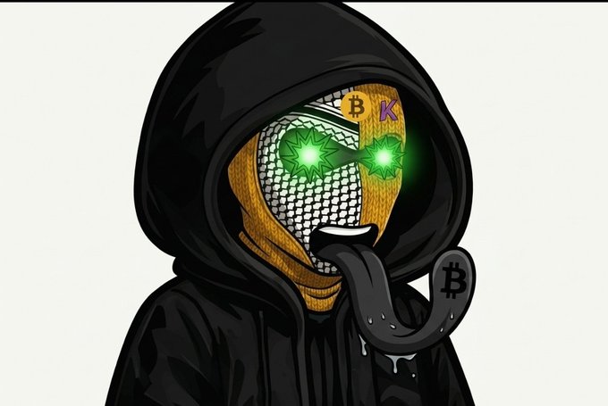 A cartoon illustration of a hooded figure wearing a mask with glowing green star-shaped eyes, with 'BK' letters on the forehead and a Bitcoin (₿) symbol on the tongue.