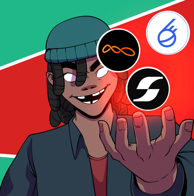 A cartoon character wearing a beanie and grinning while holding up three circular cryptocurrency logos (an infinity symbol, an "S" symbol, and another stylized logo) against a red and green background, likely representing the launch of ActionFi and the $100K campaign mentioned in the post.