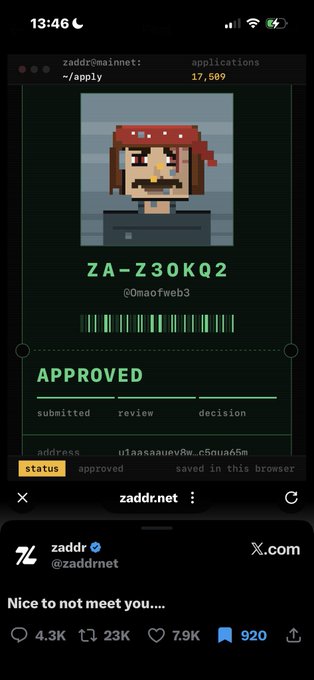 A screenshot from zaddr.net showing an APPROVED application for ZA-Z30KQ2 (@0maofweb3) featuring a pixel art avatar of a person in a red bandana, posted by @zaddrnet with the caption 'Nice to not meet you...' garnering thousands of likes.