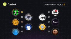 Funtok app interface displaying "COMMUNITY PICKS" with various circular cryptocurrency token icons.