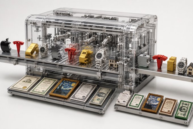 A transparent machine displays miniature Apple logos, luxury watches, gold bars, and dollar bills being processed alongside small framed artworks resembling Van Gogh's "Starry Night," symbolizing how diverse assets—from tech stocks and precious metals to fine art and currency—are assembled like financial legos to form complex portfolios.
